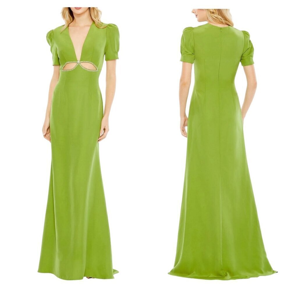 Mac Duggal Green Cut-Out Gown Size 6 NWT Style 2630 Puff Sleeve Embellished